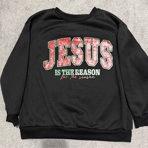 SHEIN Black Crewneck Sweater with Festive Red and Green Print